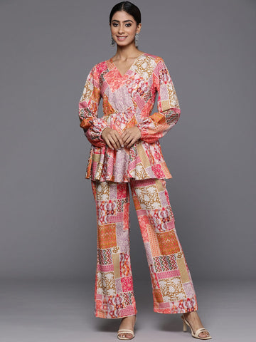 Multi Abstract Printed V-Neck Angrakha Style Top Paired With Tonal Printed Flared Bottom